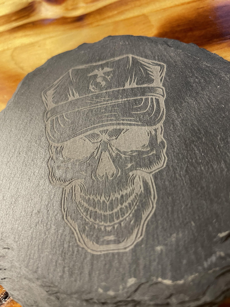USMC SKULL, CUSTOM SLATE STONE COASTERS (TWO PACK)