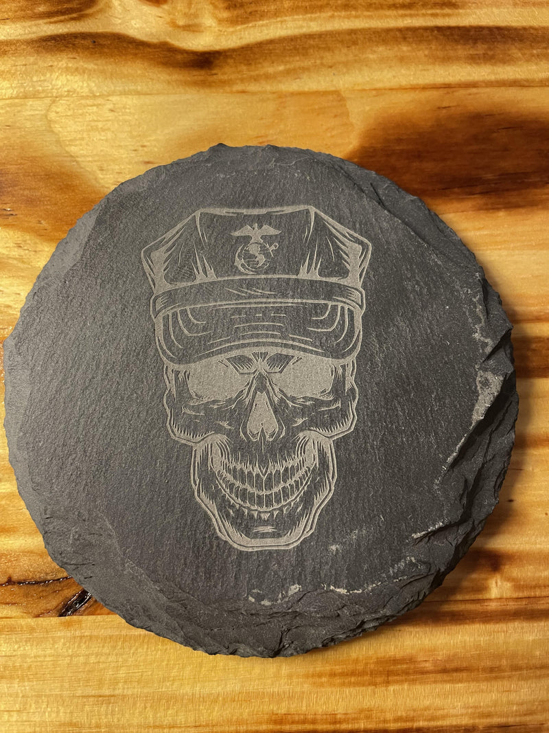 USMC SKULL, CUSTOM SLATE STONE COASTERS (TWO PACK)
