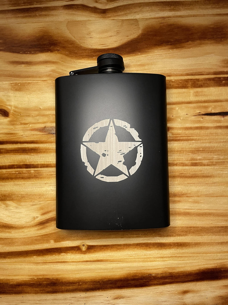 BATTLE WORN MILITARY STAR WITH HANGING FLAG HIP FLASK
