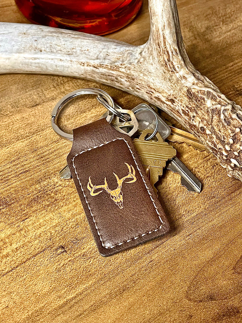 Buck Skull, Leather Engraved Keyring